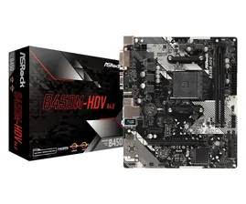 Материнская плата ASRock B450M-HDV R4.0, SocketAM4, AMD B450, 2xDDR4, PCI-Ex16, 4SATA3, 7.1-ch, 6USB 3.1, VGA, DVI, HDMI, mATX, Retail
